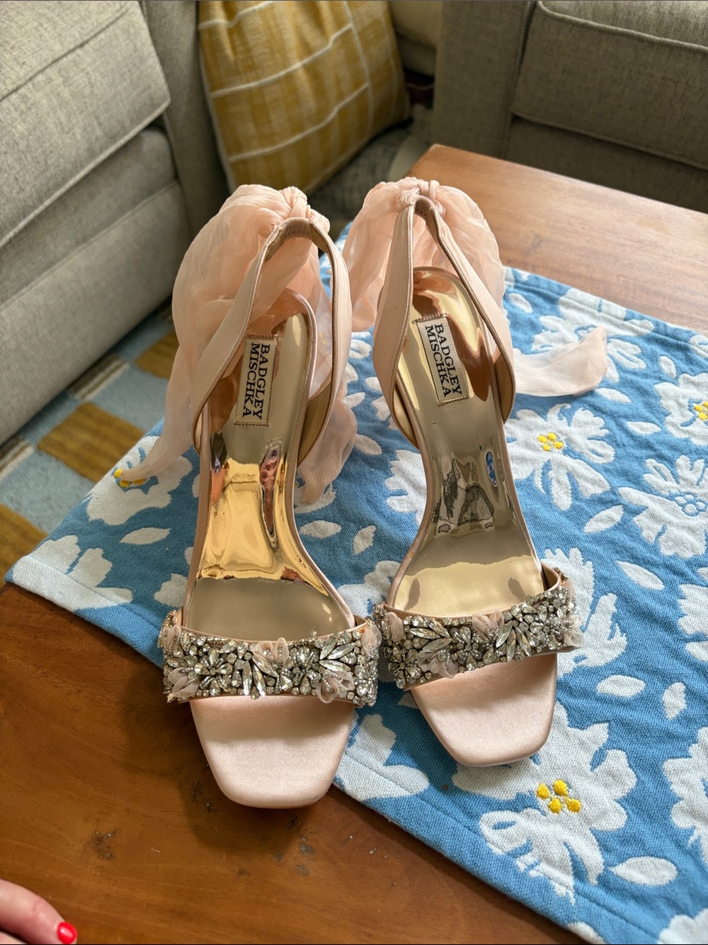 Badgley Mischka Blush Pink Satin Crystal Ankle-Tie Heels